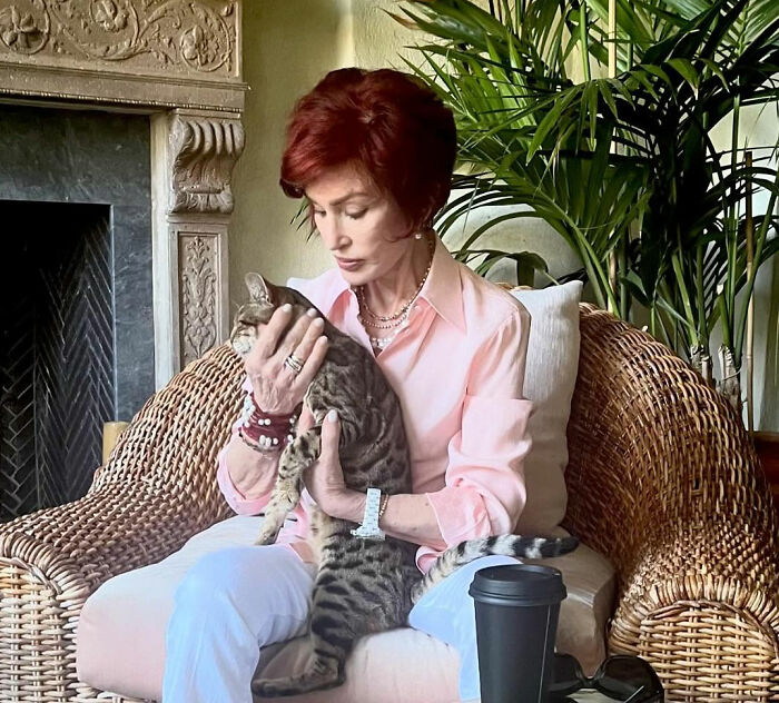 Sharon Osbourne sitting with a cat on her lap in a wicker chair next to indoor plants and a fireplace. Sharon Osbourne sitting with a cat on her lap in a wicker chair next to indoor plants and a fireplace.