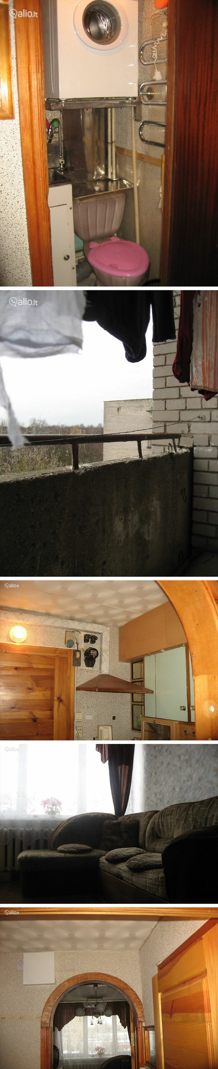 Small cramped bathroom with washing machine above pink toilet, old balcony with drying clothes, dated kitchen and dark living room in real estate listings.