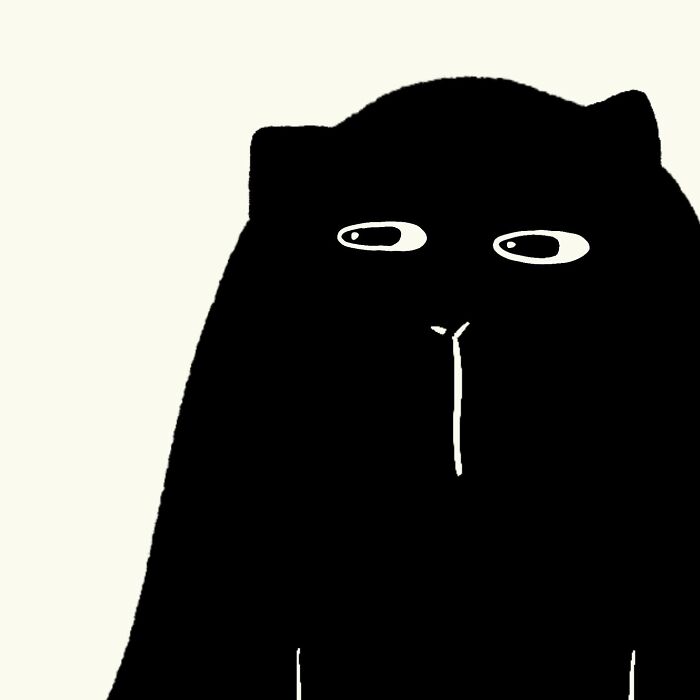 Funny and relatable doodle of a black cat sitting next to a lamp and flowers, capturing everyday thoughts visually.
