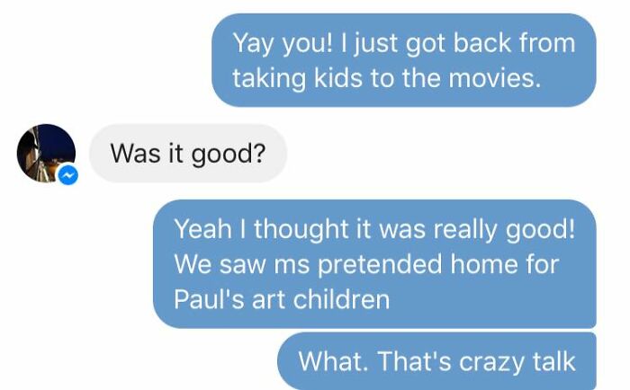 Screenshot of a funny autocorrect fail in a text conversation about taking kids to the movies.