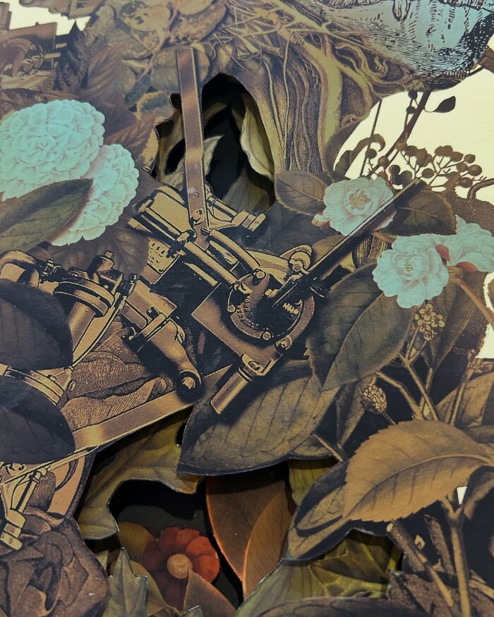 Intricate collage artwork showing a surreal human face blended with mechanical parts, flowers, and leafy elements on yellow background.