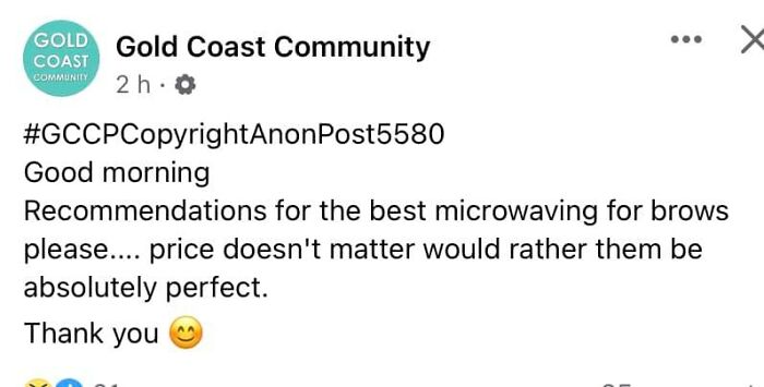 Social media post showing hilarious autocorrect error asking for microwaving recommendations for brows.