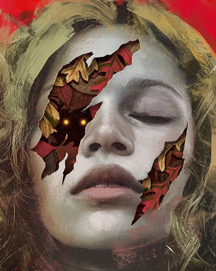Surreal intricate collage of a woman’s face with leaves and glowing eyes beneath torn skin against a bold red background.