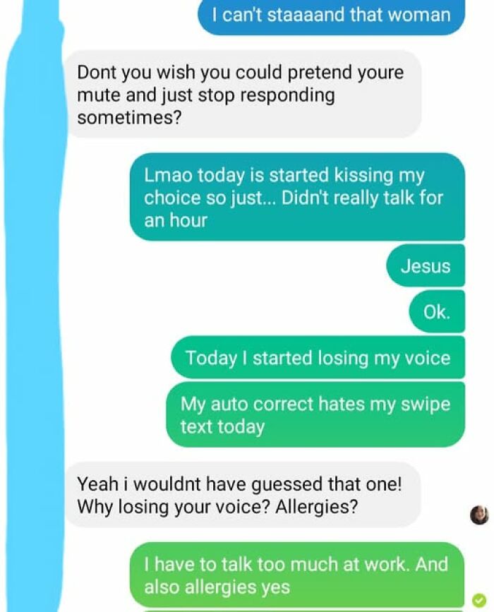 Text conversation showing humorous autocorrect errors causing confusion about losing voice and allergies.