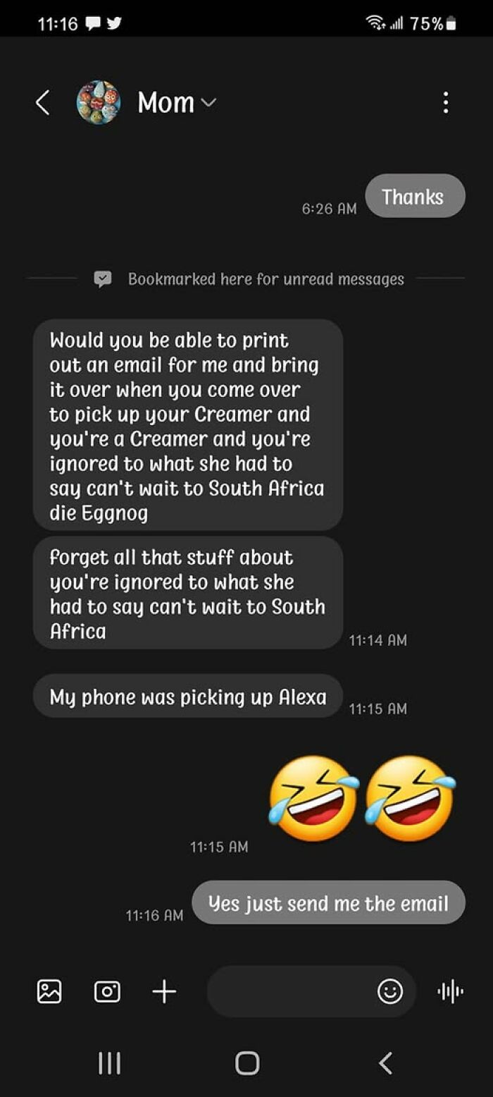 Text message showing autocorrect errors causing humorous confusion about an email and picking up Alexa voice assistant.