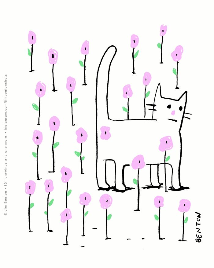 Simple cartoon of a cat standing among tall pink flowers, capturing the experience of living with cats in comic style.