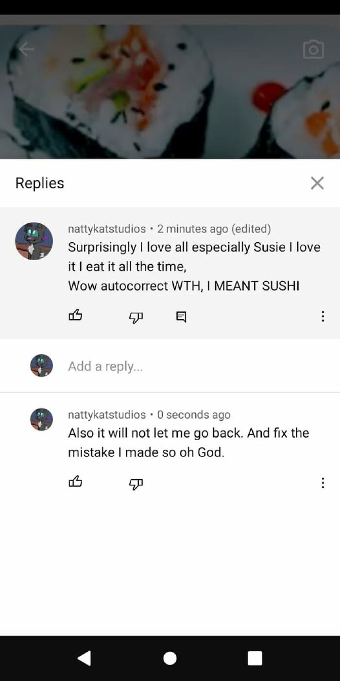 YouTube comments showing autocorrect error with sushi spelled as Susie, illustrating funny autocorrect mistakes.
