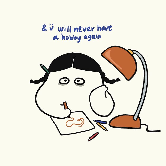 Cute relatable doodle of a girl drawing under a lamp with the phrase do what you love, illustrating everyday thoughts humor.