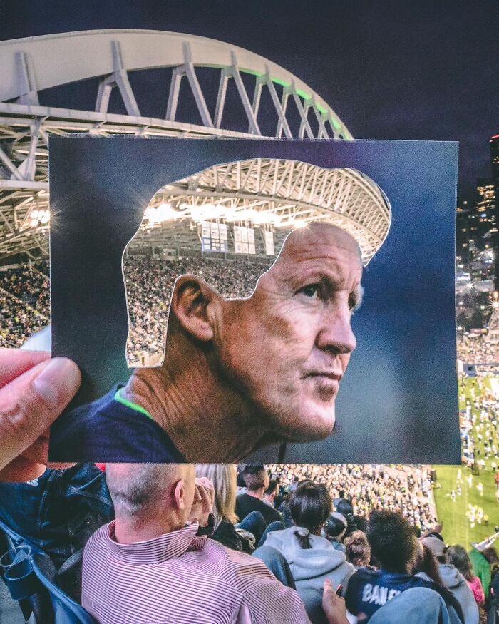 Paper cutouts by Rudy Willingham creatively interact with real life, blending portraits with sports stadium scenes.