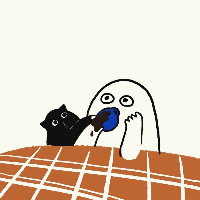 Simple doodle of a character drinking from a cup with a black cat peeking over a checkered table, funny relatable doodles style.