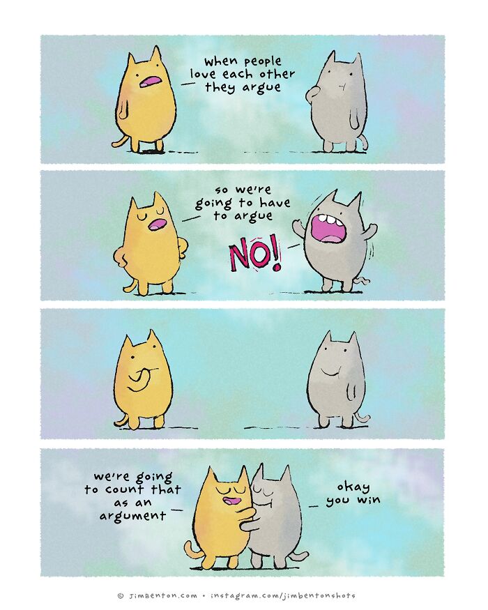 Cartoon strip showing cats humorously capturing what it's like to live with cats, including playful arguments and hugs.