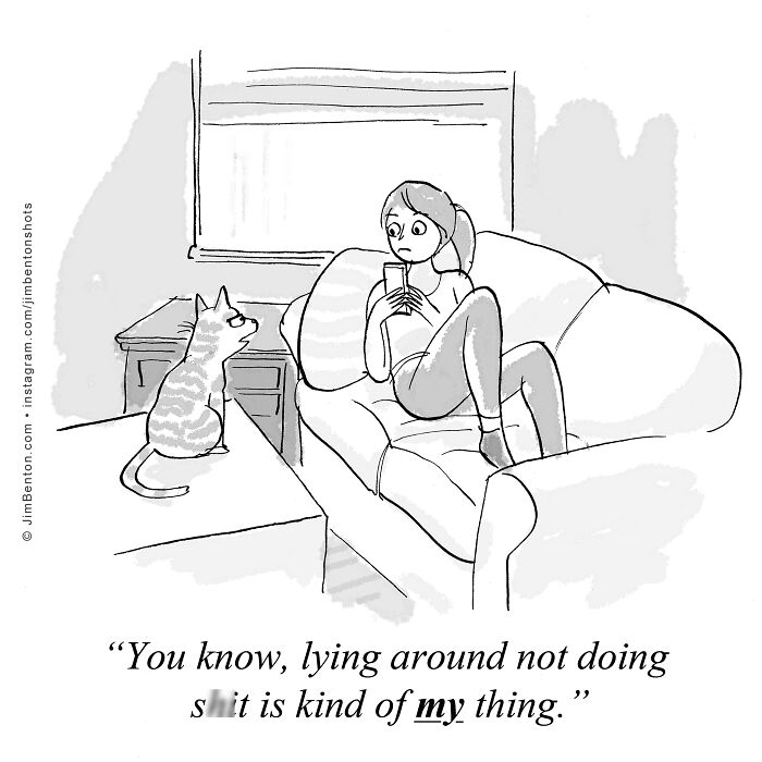 Cartoon showing a woman and cat on a couch, humorously capturing what it’s like to live with cats in daily life.