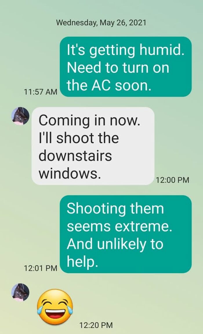 Text message screenshot showing autocorrect error where "shoot the downstairs windows" was mistakenly sent instead of a heating or cooling task.