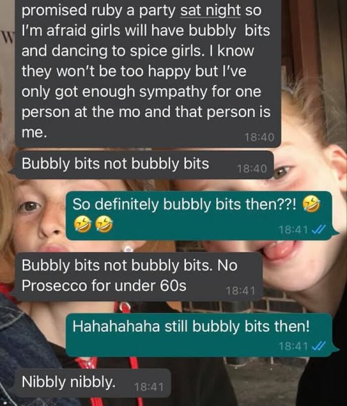 Text message exchange showing autocorrect errors with funny phrases like bubbly bits and nibbly nibbly, highlighting autocorrect fails.