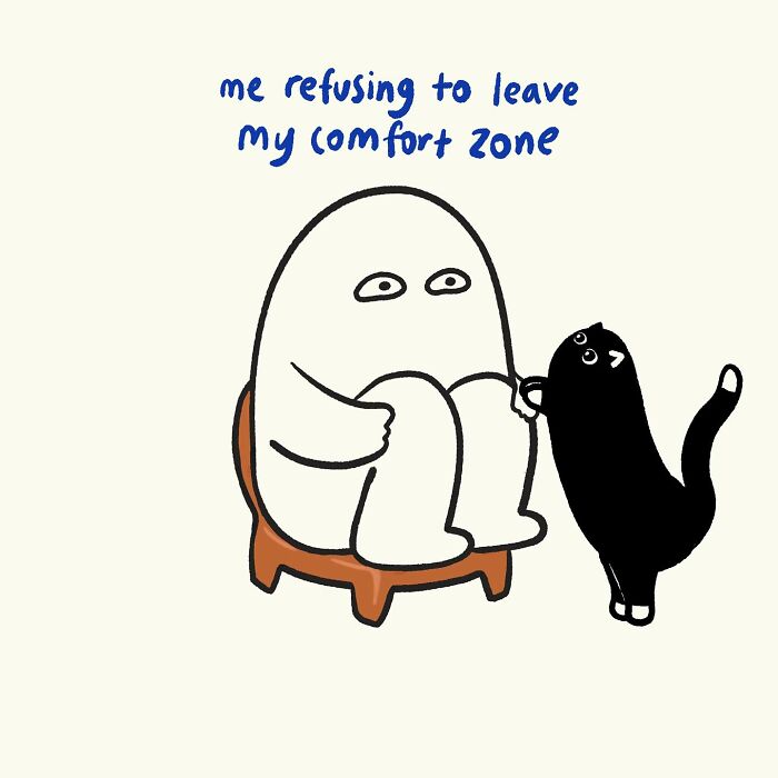 Simple doodle of a character sitting curled up on a small stool, illustrating relatable everyday thoughts humorously.