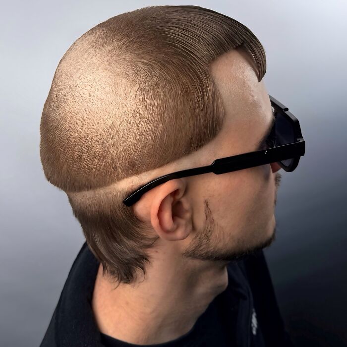 Profile of a young man wearing sunglasses showcasing a bold barber haircut with sharp edges and unique styling.