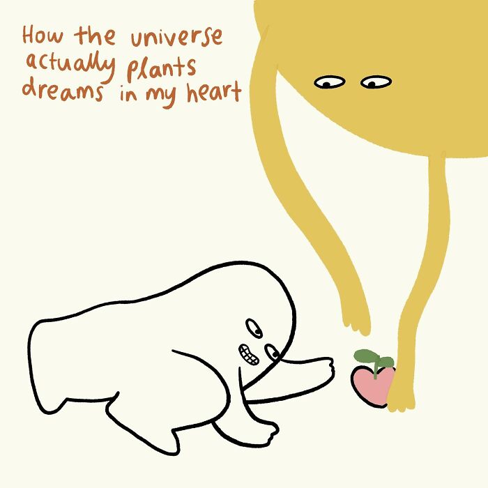 Simple doodle of a character holding a heart-shaped plant, illustrating everyday thoughts in funny, relatable doodles style.