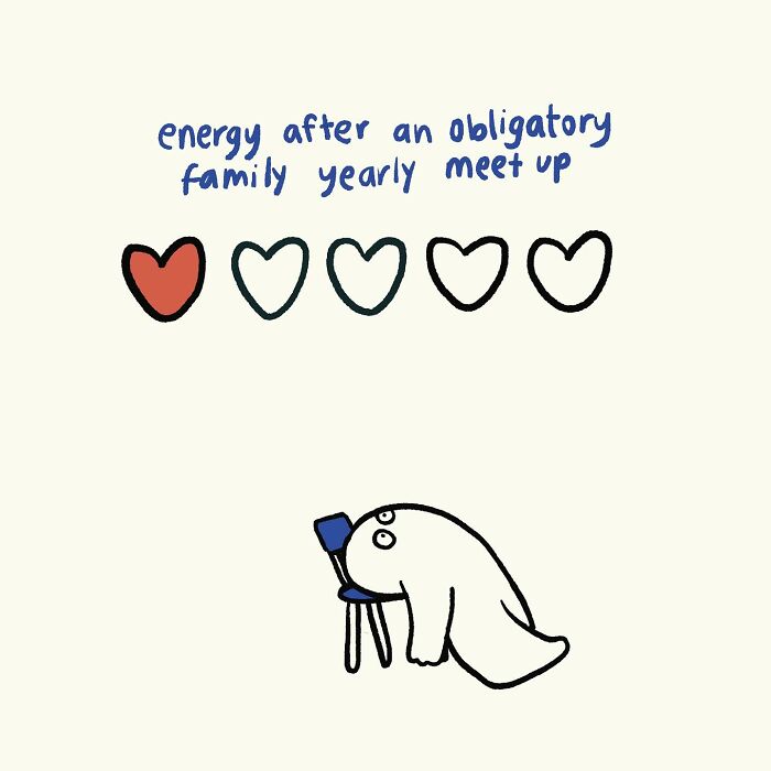 Funny relatable doodle showing low energy after work with a tired figure slumped on an office chair and heart icons.