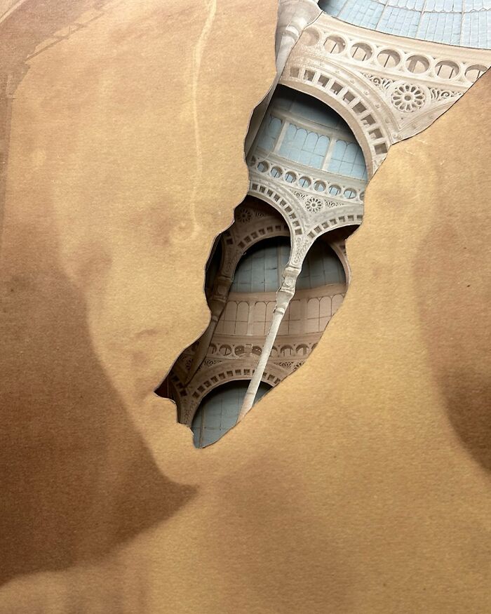 Intricate collage showing a sepia-toned vintage portrait with architectural elements inside a torn face silhouette.