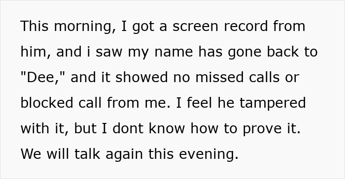 Screenshot of text message discussing suspicion of being blocked during a man's suspicious work trip causing relationship doubts. Screenshot of text message discussing suspicion of being blocked during a man's suspicious work trip causing relationship doubts.