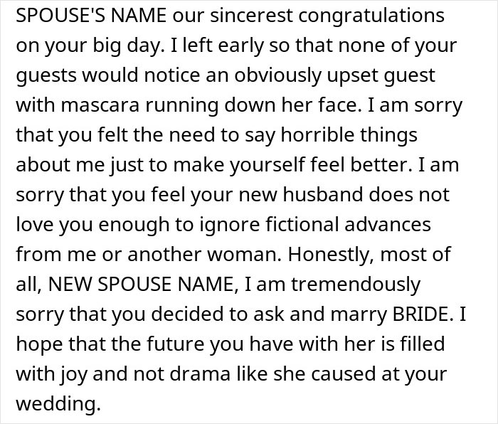 Apology letter mentioning upset bride and mad cousin drama over dress at wedding celebration.