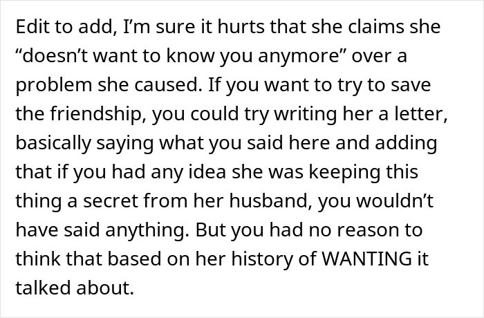 Text discussing friendship troubles after a woman exposes a secret to her husband, causing conflict and confusion.