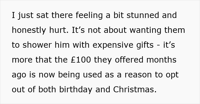 Mom feels scammed as grandparents combine birthday and Christmas gift, leading to hurt feelings over gift amount. Mom feels scammed as grandparents combine birthday and Christmas gift, leading to hurt feelings over gift amount.