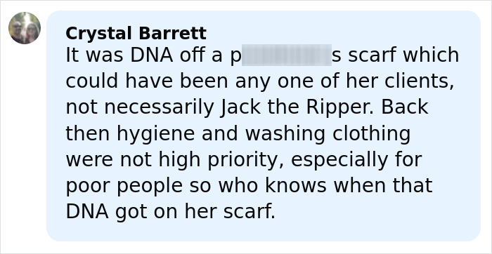 Comment discussing doubts about Jack the Ripper's real identity after a major DNA breakthrough resurfaces online.
