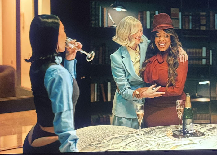 Three women sharing a moment at a party scene from All's Fair, highlighting some of the worst scenes so far. Three women sharing a moment at a party scene from All's Fair, highlighting some of the worst scenes so far.