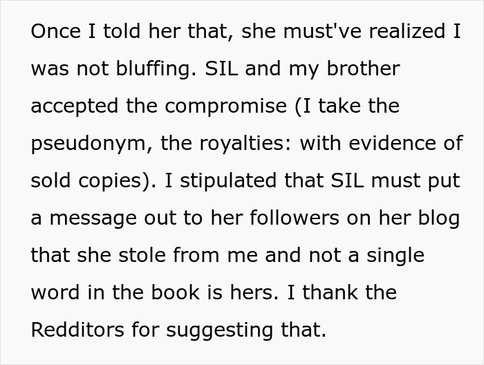 Text discussing a woman stealing SIL’s book, publishing it, and losing all earnings from the stolen royalties.