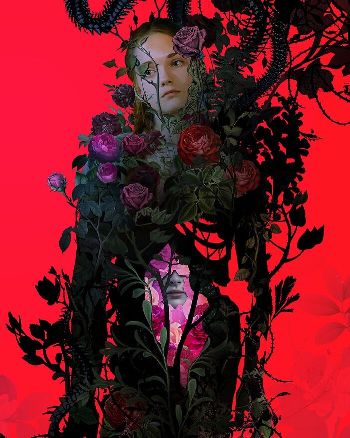 Surreal intricate collage of a woman entwined with dark foliage and roses against a vibrant red background.