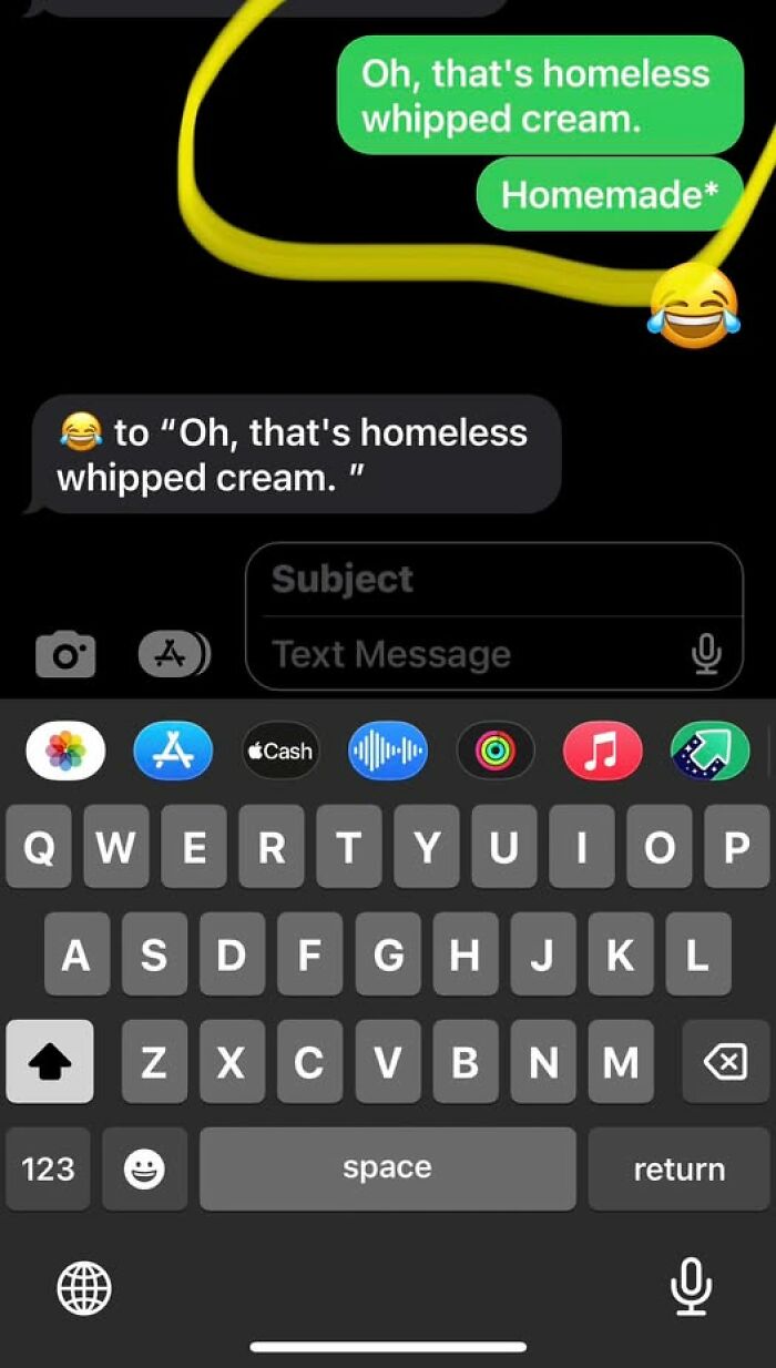 Text message showing autocorrect fail changing homemade whipped cream to homeless whipped cream with laughing emoji.