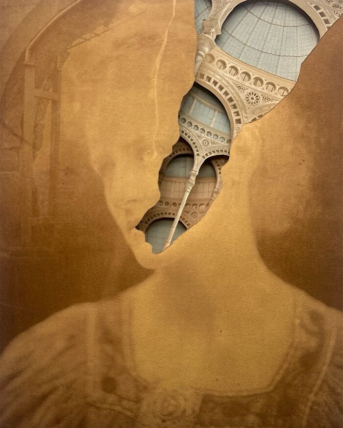 Intricate collage showing a sepia-toned vintage portrait with architectural elements inside a torn face silhouette.