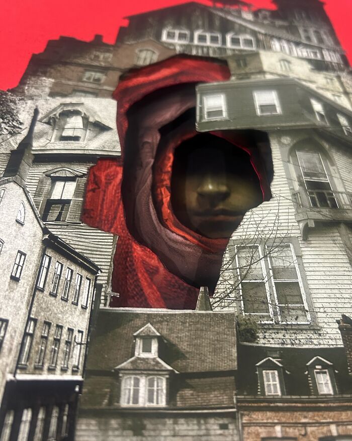 Intricate collage featuring layered buildings and a face with a red textured background and birds flying above.