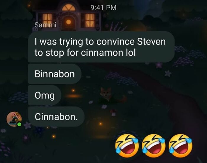 Text message showing a funny autocorrect fail where cinnamon is typed as Binnabon and then corrected to Cinnabon.