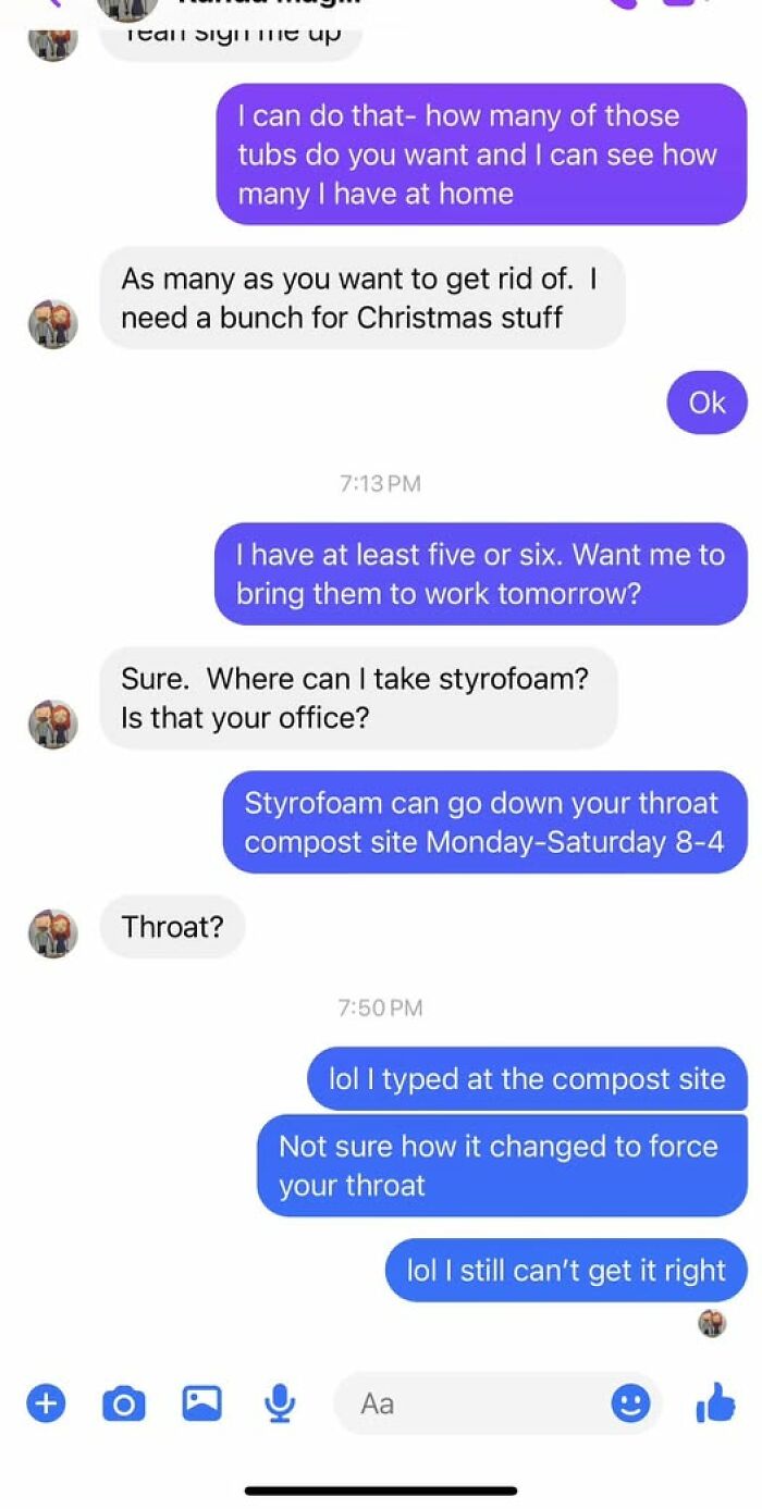 Text message conversation showing autocorrect mistakes causing funny misunderstandings about styrofoam and throat.