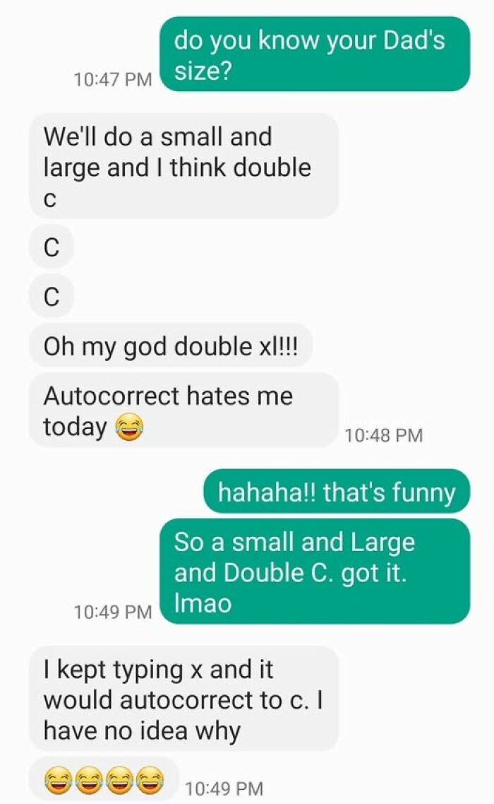 Text conversation showing autocorrect errors changing "x" to "c," causing funny misunderstandings about clothing sizes.
