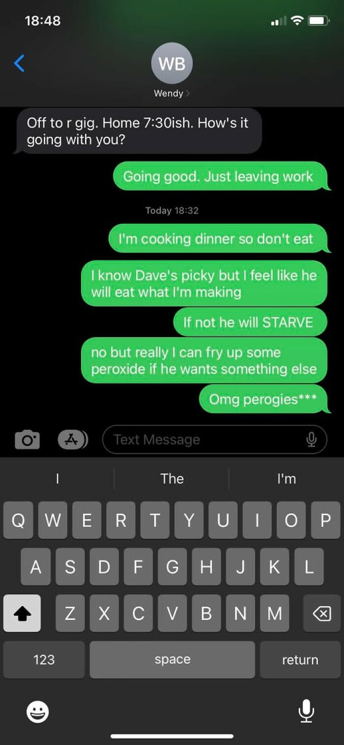 Text message showing autocorrect error changing perogies to peroxide in a funny cooking conversation.