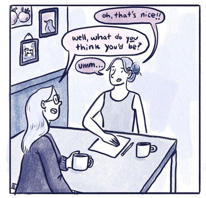 Two women chatting over coffee in a funny and honest comic about life’s little moments by Gabrielle Drolet.