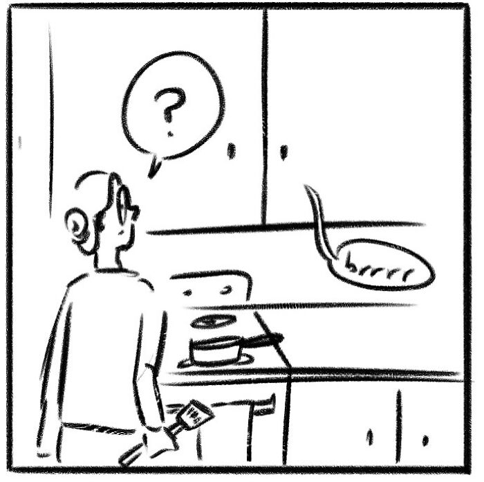 Woman in a simple comic style cooking at a stove, holding a spatula and saying wait in a funny and honest comic.