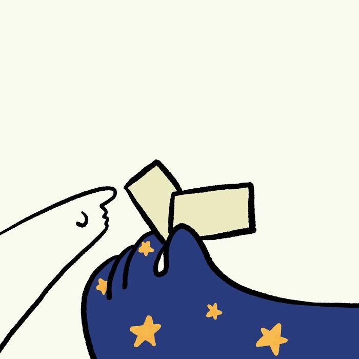 Simple doodle of a character facing a starry hand holding two tickets, capturing funny relatable everyday thoughts in art.