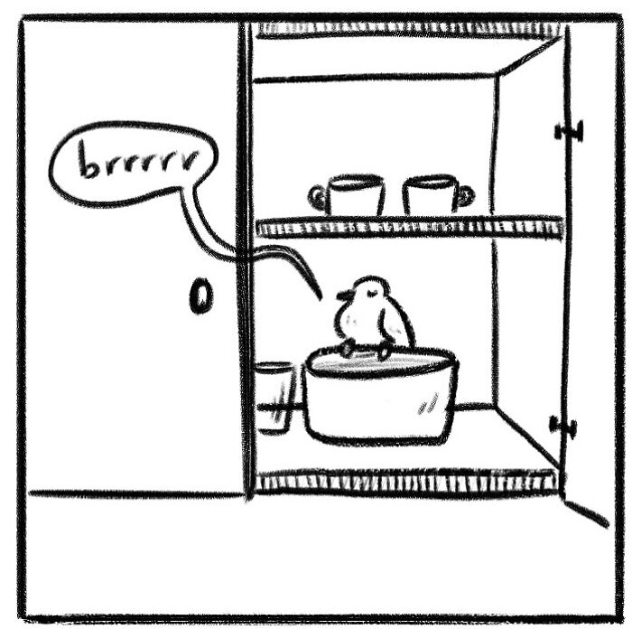 Woman in a simple comic style cooking at a stove, holding a spatula and saying wait in a funny and honest comic.