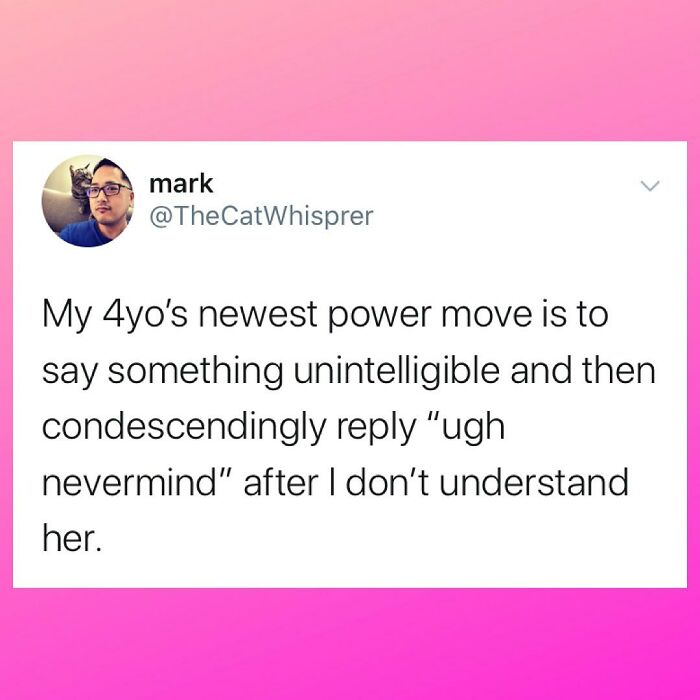 Tweet from a parent humorously describing a 4-year-old's new power move, showing relatable parenting and marriage struggles.