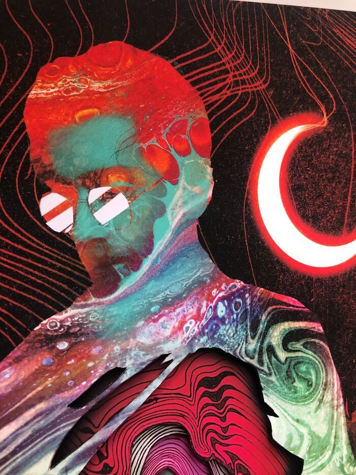 Surreal intricate collage of a man with vibrant colors and a woman's face inside, set against a cityscape and crescent moon backdrop.