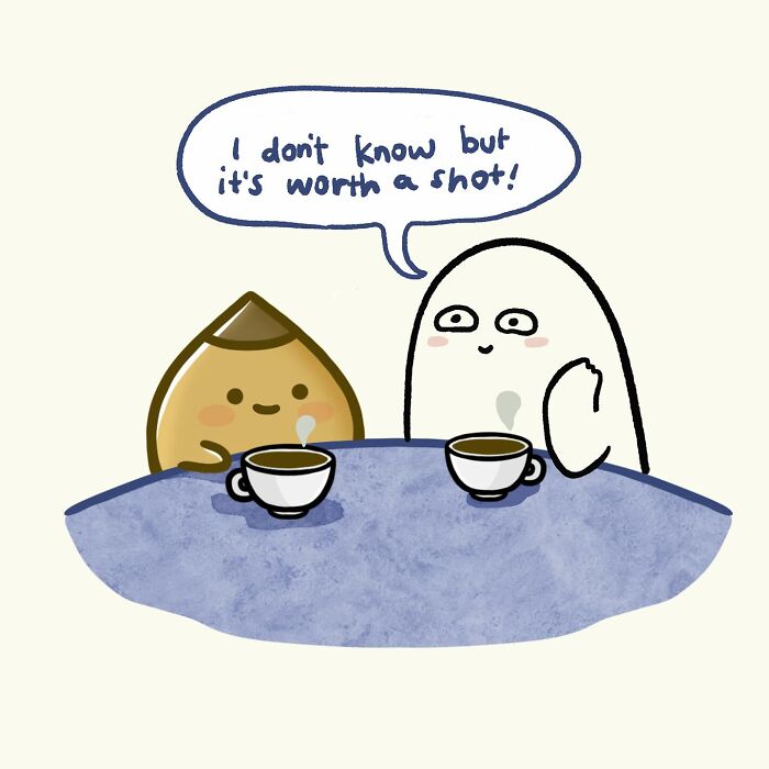 Cute doodle of two characters drinking espresso, illustrating everyday thoughts with funny and relatable art style.