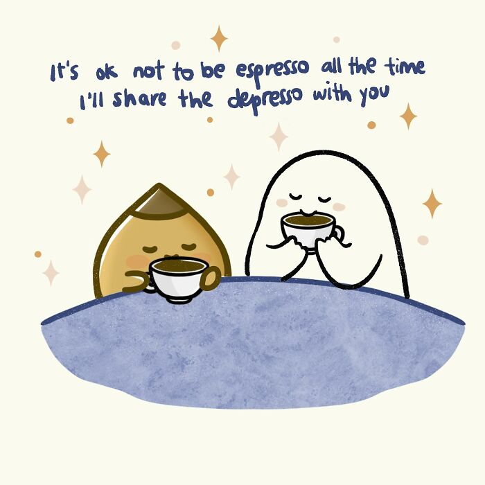 Cute doodle of two characters drinking espresso, illustrating everyday thoughts with funny and relatable art style.