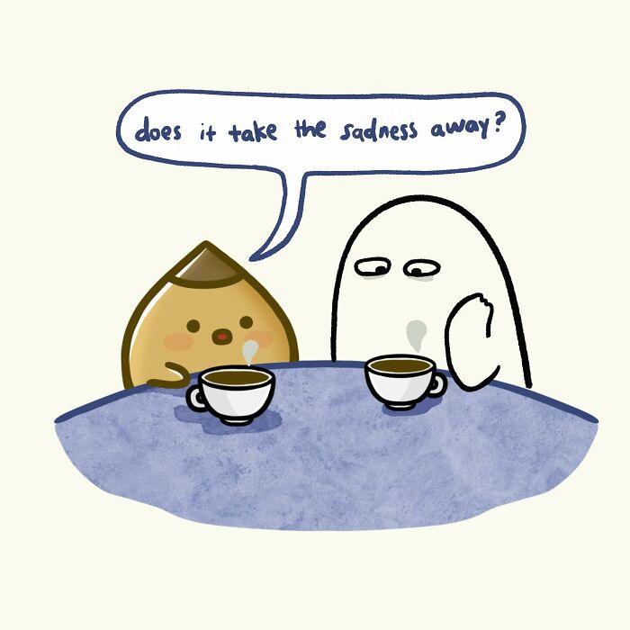 Cute doodle of two characters drinking espresso, illustrating everyday thoughts with funny and relatable art style.