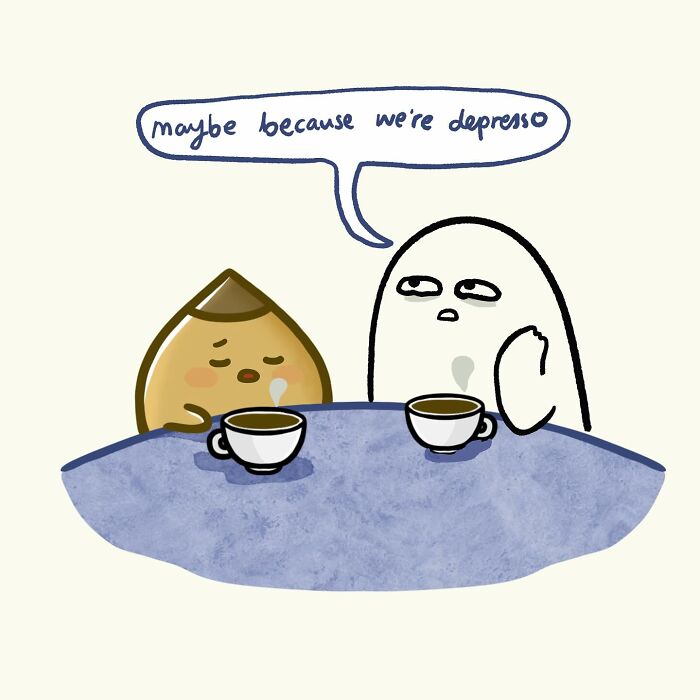 Cute doodle of two characters drinking espresso, illustrating everyday thoughts with funny and relatable art style.