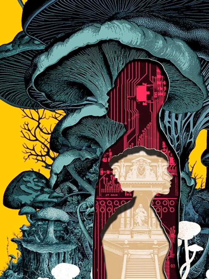 Intricate collage of layered mushrooms with a silhouette cutout revealing architectural and circuit details on a yellow background.