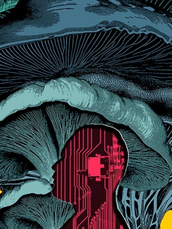 Intricate collage of layered mushrooms with a silhouette cutout revealing architectural and circuit details on a yellow background.